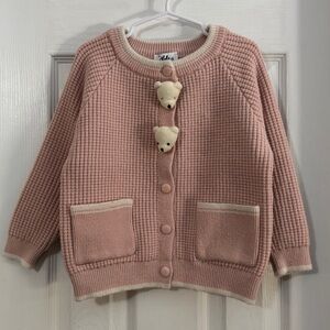 Lola + The Boys Girl Pink Blush Knit Cardigan with Bear Buttons Front Pockets